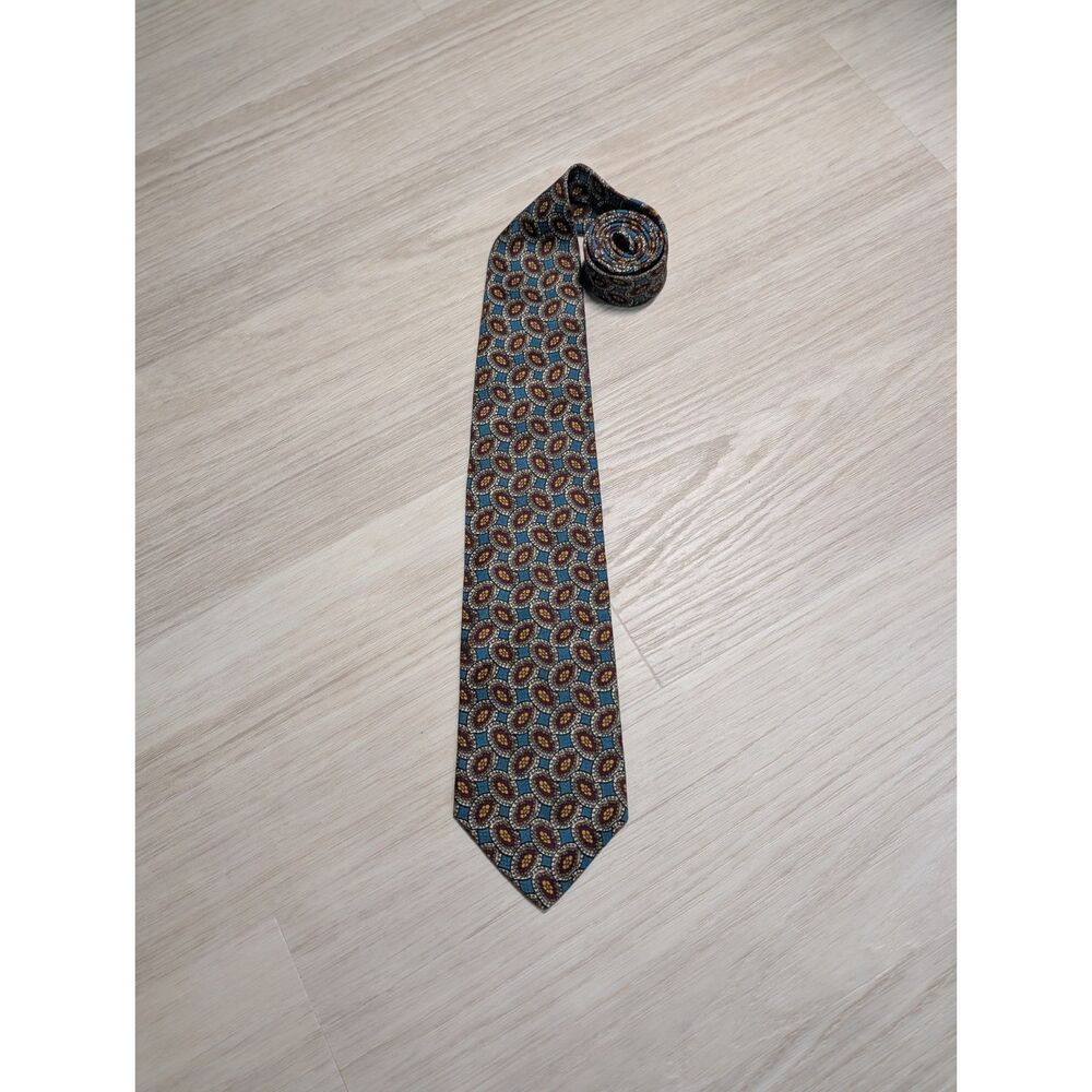 Vintage Eagle Menswear 100% Silk Tie Geometric Paisley Blue Burgundy Gold USA